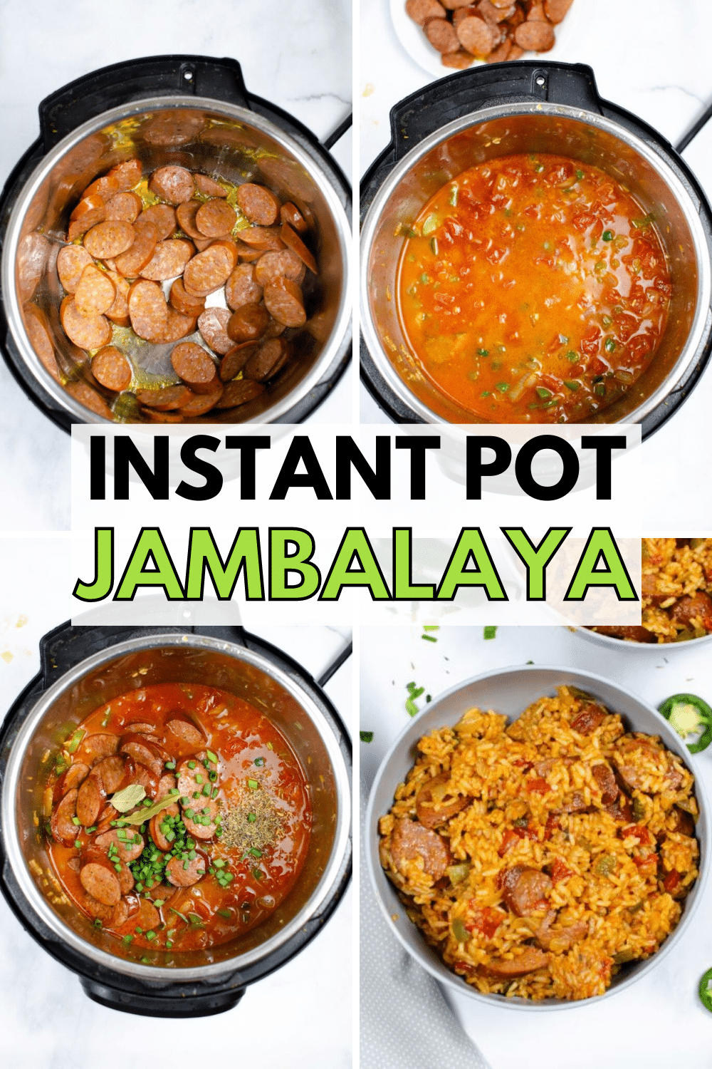 Instant pot chicken jambalaya has chunky bites of andouille sausage that contrast perfectly with veggies and rice for your weeknight dinner! Make this instant pot jambalaya recipe in 30 minutes. #instantpot #pressurecooker #chicken #jambalaya #andouillesausage via @wondermomwannab