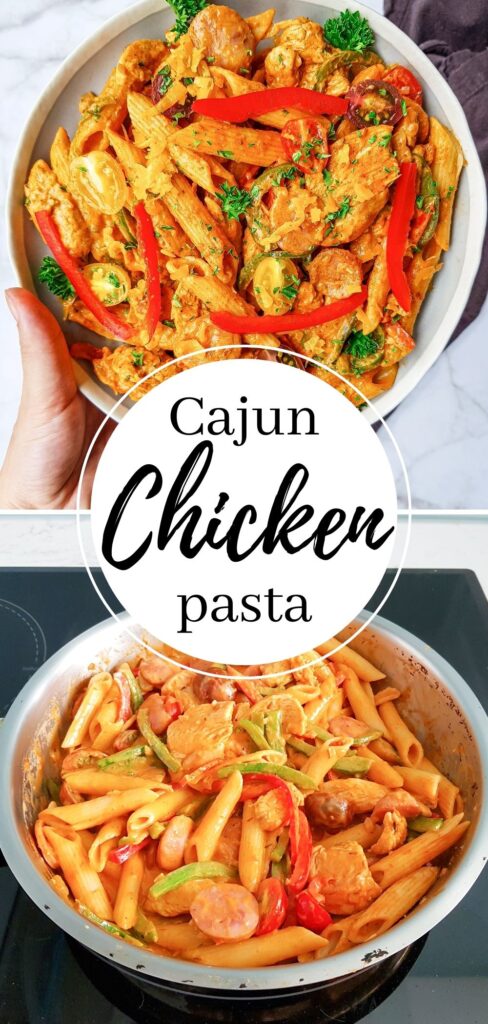 top image Cajun Chicken Pasta  in a white dish on a white counter bottom image of cajun chicken pasta in a metal bowl on the stove with title text reading Cajun Chicken Pasta