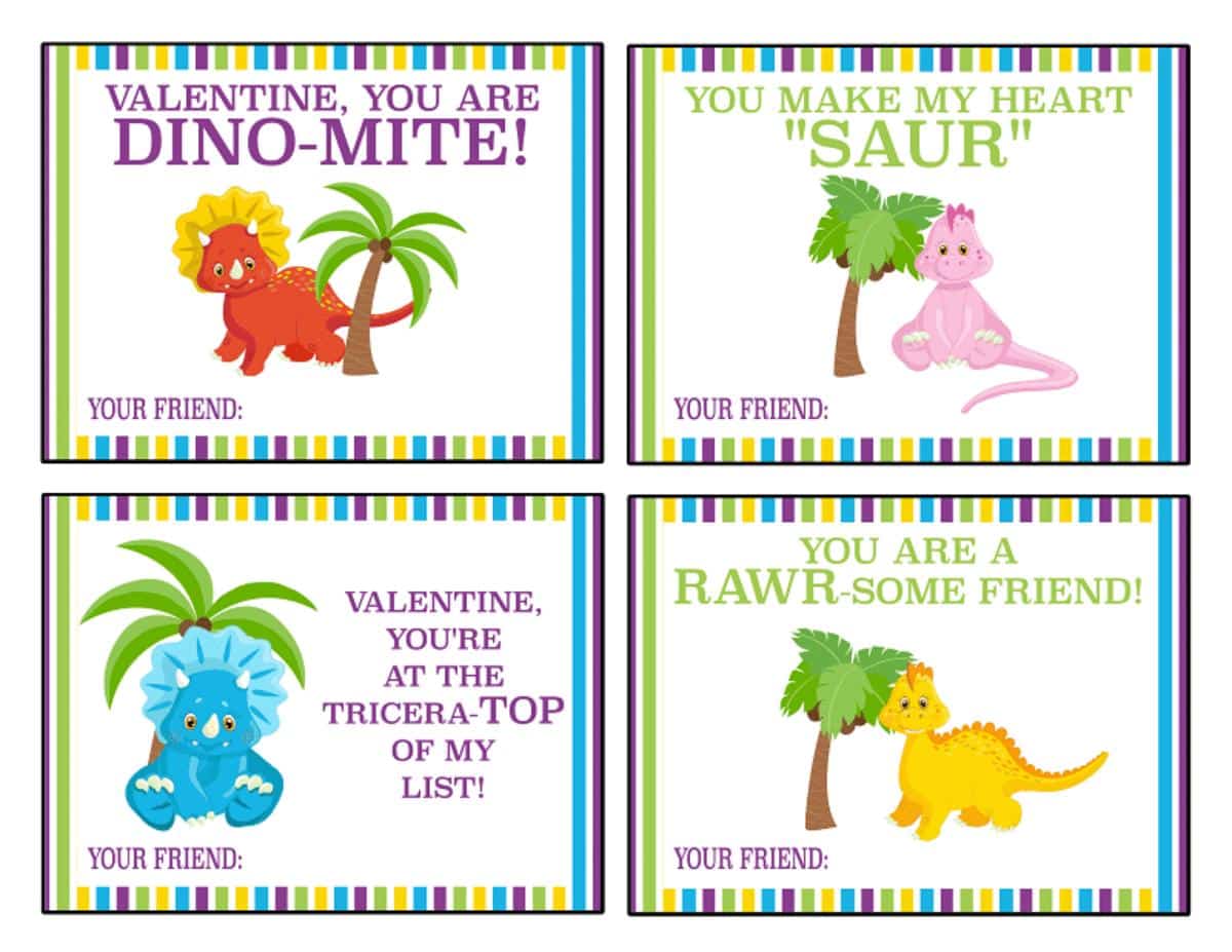 Free printable dinosaur Valentine cards for kids.