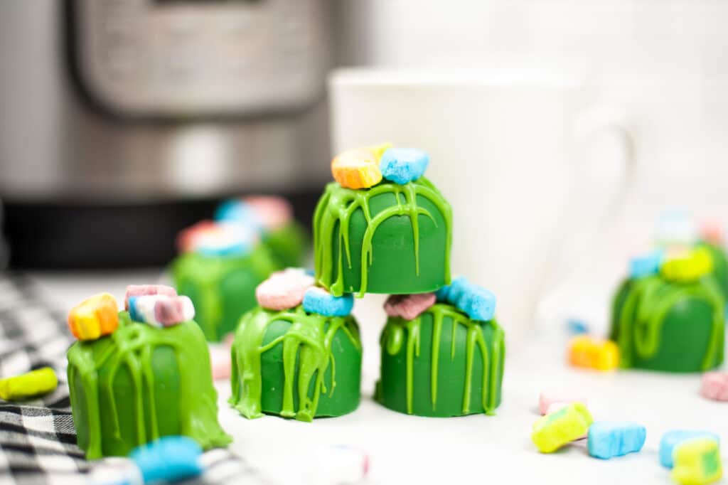 Instant Pot St. Patrick’s Day Hot Cocoa Bombs stacked on top of each other