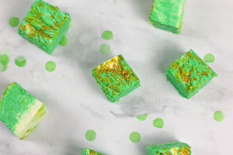 White Chocolate Mint Cheesecake Fudge cut up into pieces 