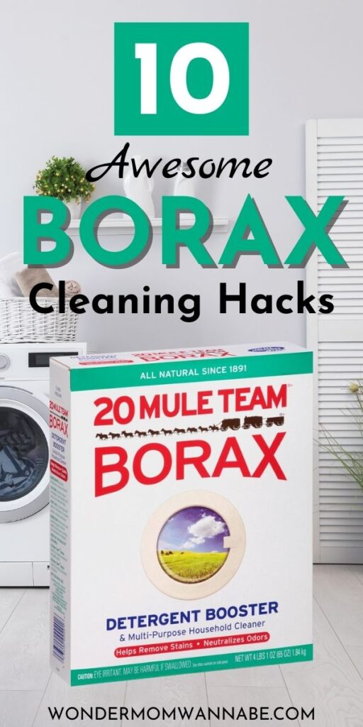 a box of borax in a laundry room with title text reading 10 Awesome Borax Cleaning Hacks
