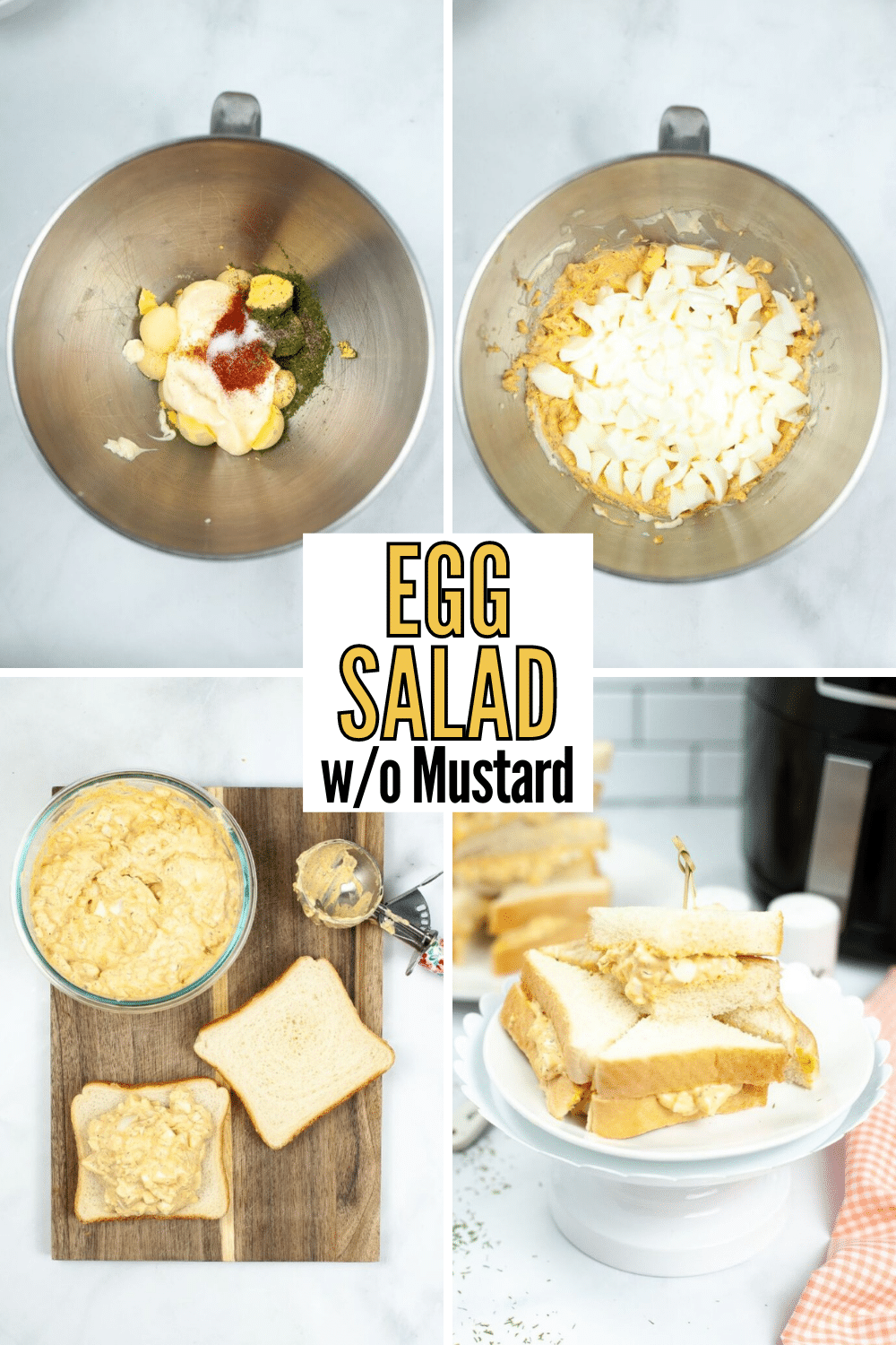 Sandwiches filled with Egg Salad Without Mustard come together quickly with Air Fryer Hard Boiled Eggs. Lots of flavor but not too spicy! #airfryer #eggsalad #lunchrecipe #hardboiledeggs via @wondermomwannab