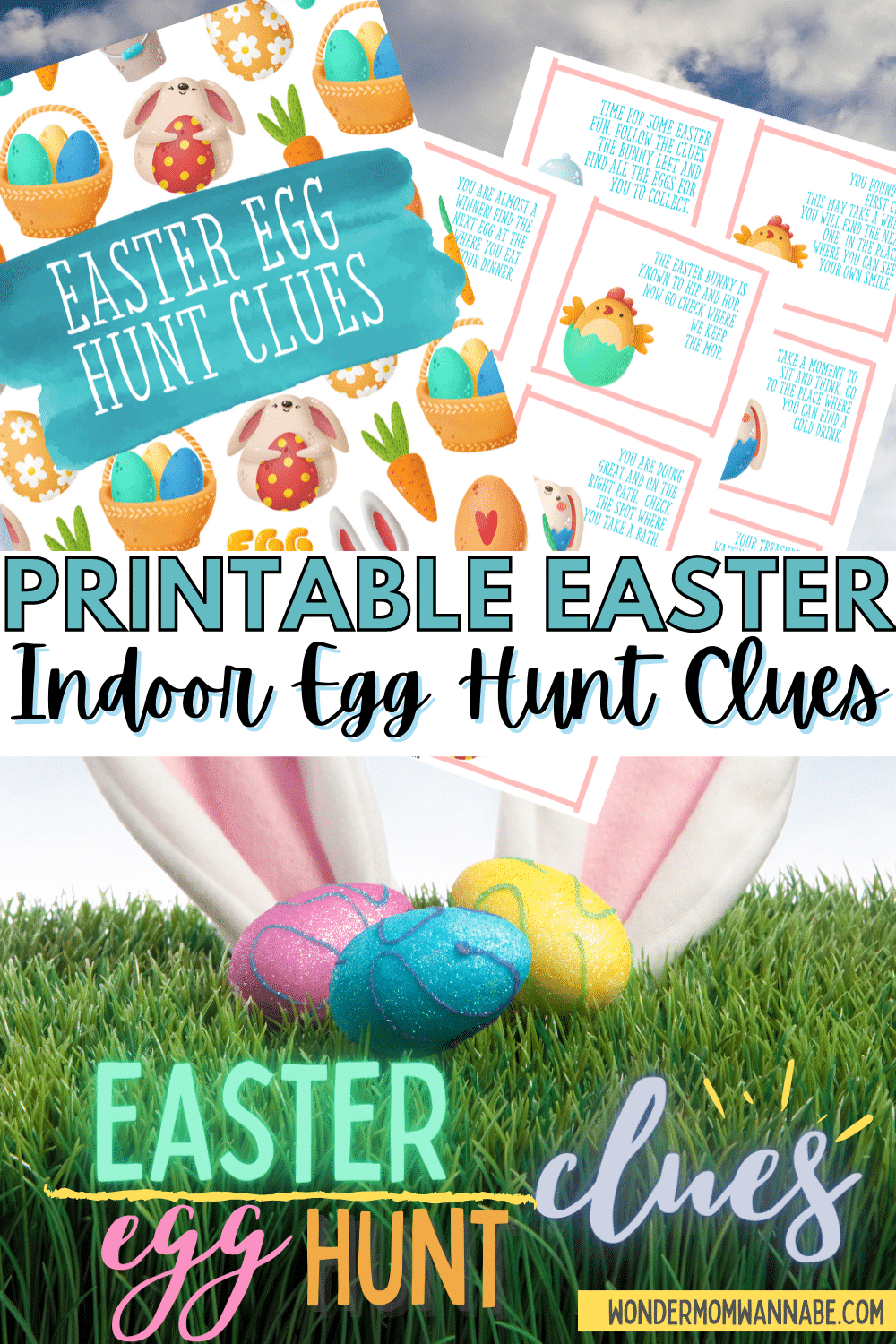 These free printable Indoor Easter Egg Hunt Clues make it easy to set up a fun scavenger hunt for eggs on Easter morning. #easter #easteregghunt #scavengerhunt #indooreasteregghunt via @wondermomwannab