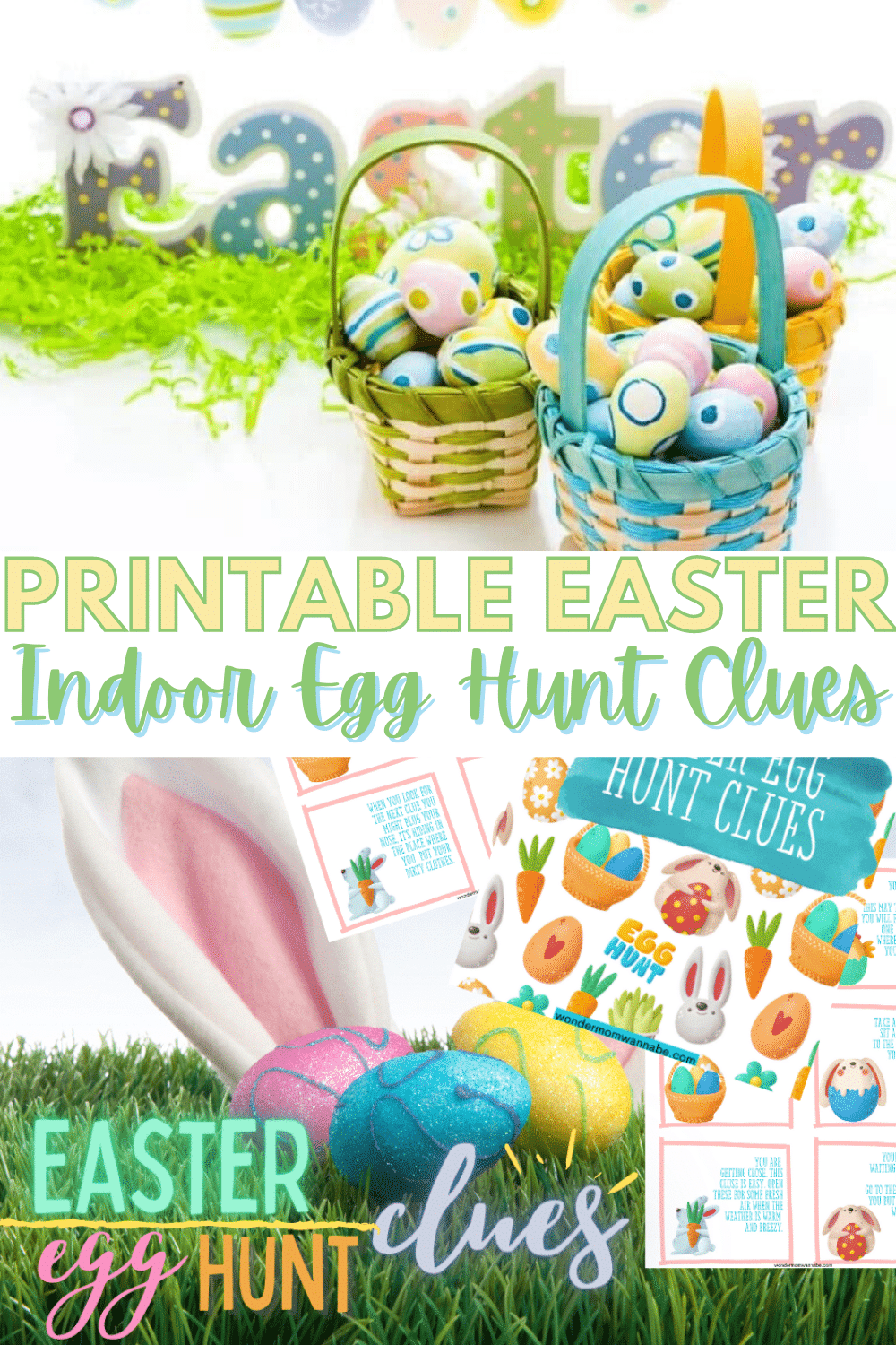 These free printable Indoor Easter Egg Hunt Clues make it easy to set up a fun scavenger hunt for eggs on Easter morning. #easter #easteregghunt #scavengerhunt #indooreasteregghunt via @wondermomwannab