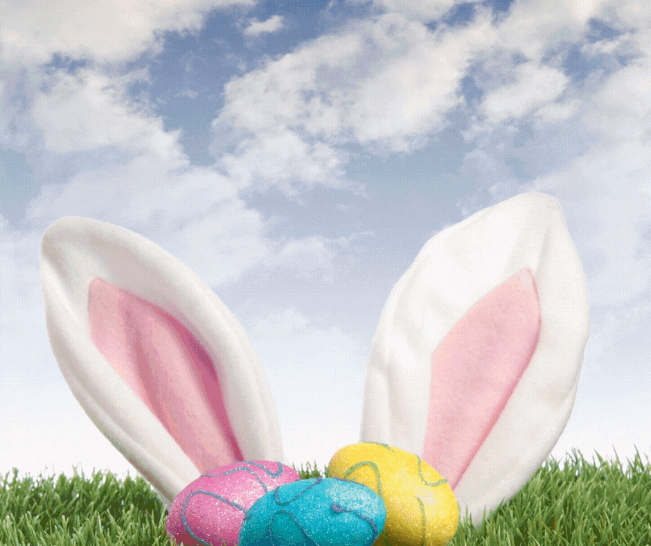 a gif with changing text about  printable Easter Egg Hunt Clues with grass, Easter eggs, bunny ears, and cloudy skies in the background 