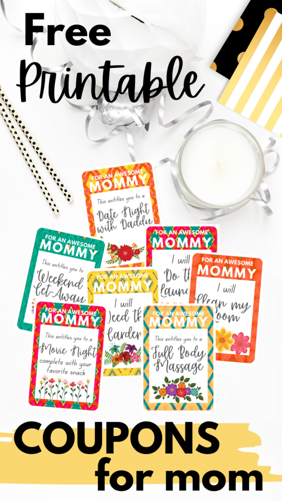 printable coupons for mom on a white desk with title text reading Free Printable Coupons for Mom