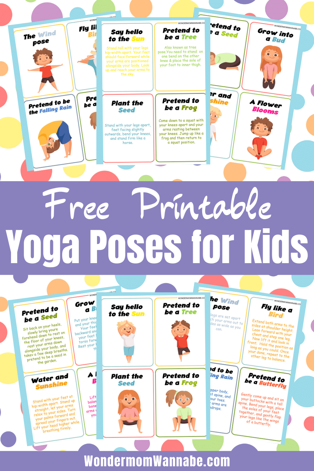 Use these free spring-themed printable yoga poses for kids to introduce your children to this healthy habit in a fun and easy way. #freeprintable #yogaposes #forkids #spring #healthykids via @wondermomwannab