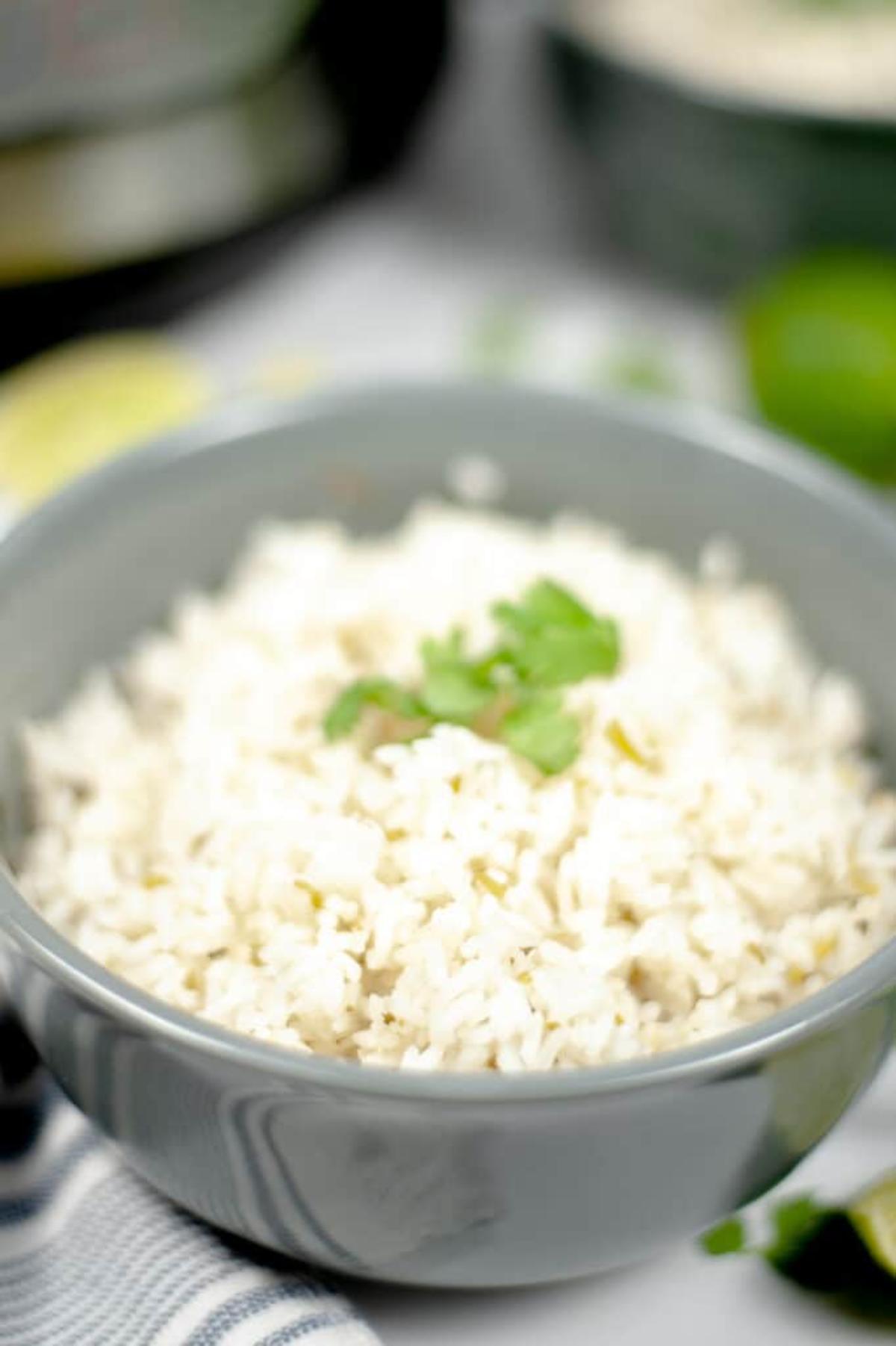 Instant Pot Chipotle Copycat Cilantro Lime Rice in a gray bowl.