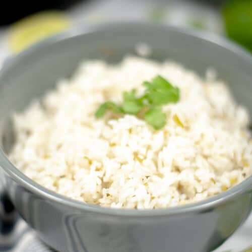 gray bowl of Instant Pot Chipotle Copycat Cilantro Lime Rice
