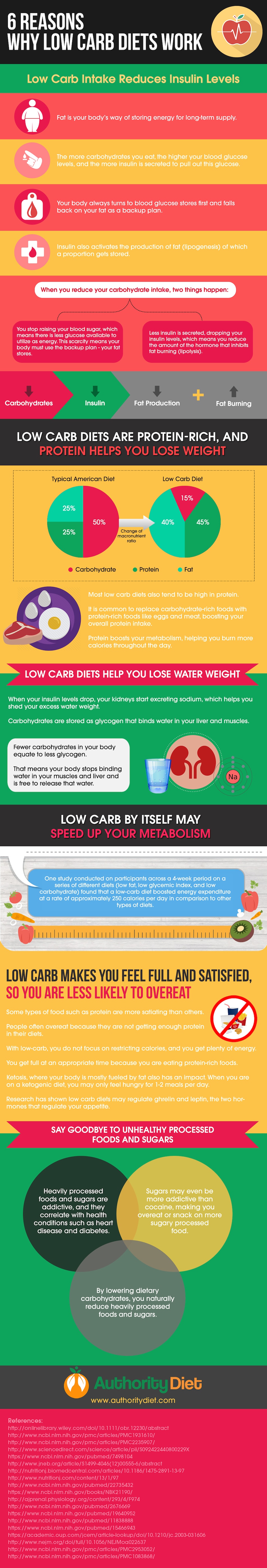 an info graphic titled 6 reasons why low carb diets work