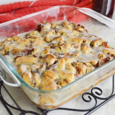 close up of breakfast casserole drizzled with icing