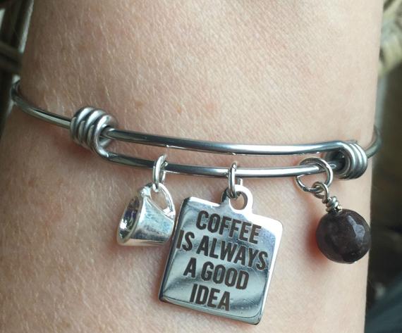 bracelet with coffee charms and one with text reading coffee is always a good idea