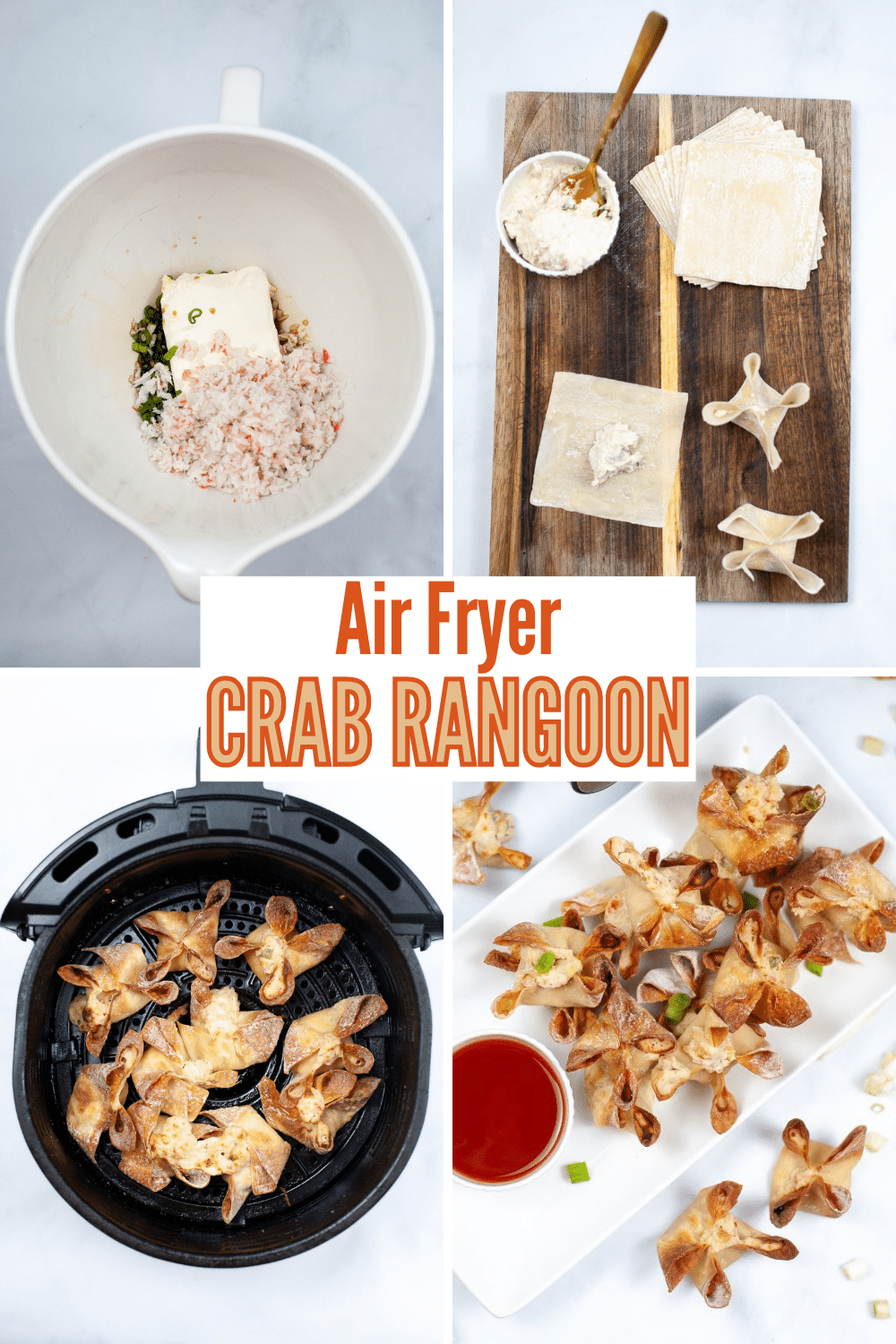 a collage of 4 images showing the steps needed to make an Air Fryer Crab Rangoon
