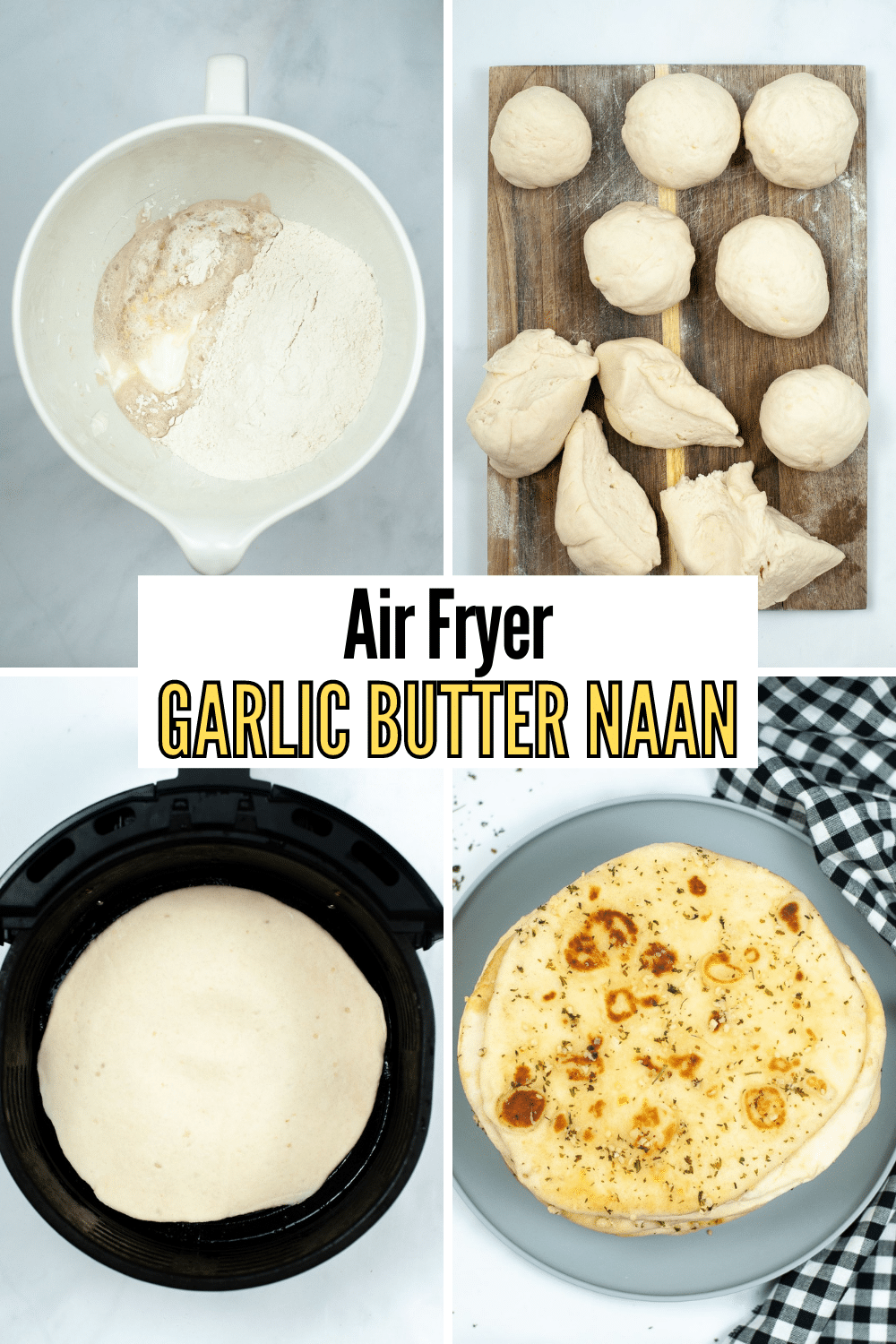 Air Fryer Naan is a soft, doughy homemade bread brushed with delicious garlic butter. It's perfect for dipping, pizzas or eating as it is. #airfryer #naan #homemadebread #recipe #garlic via @wondermomwannab