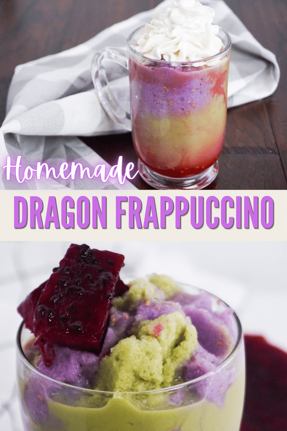 a collage of 2 images of Dragon Frappuccino in a mug and a glass