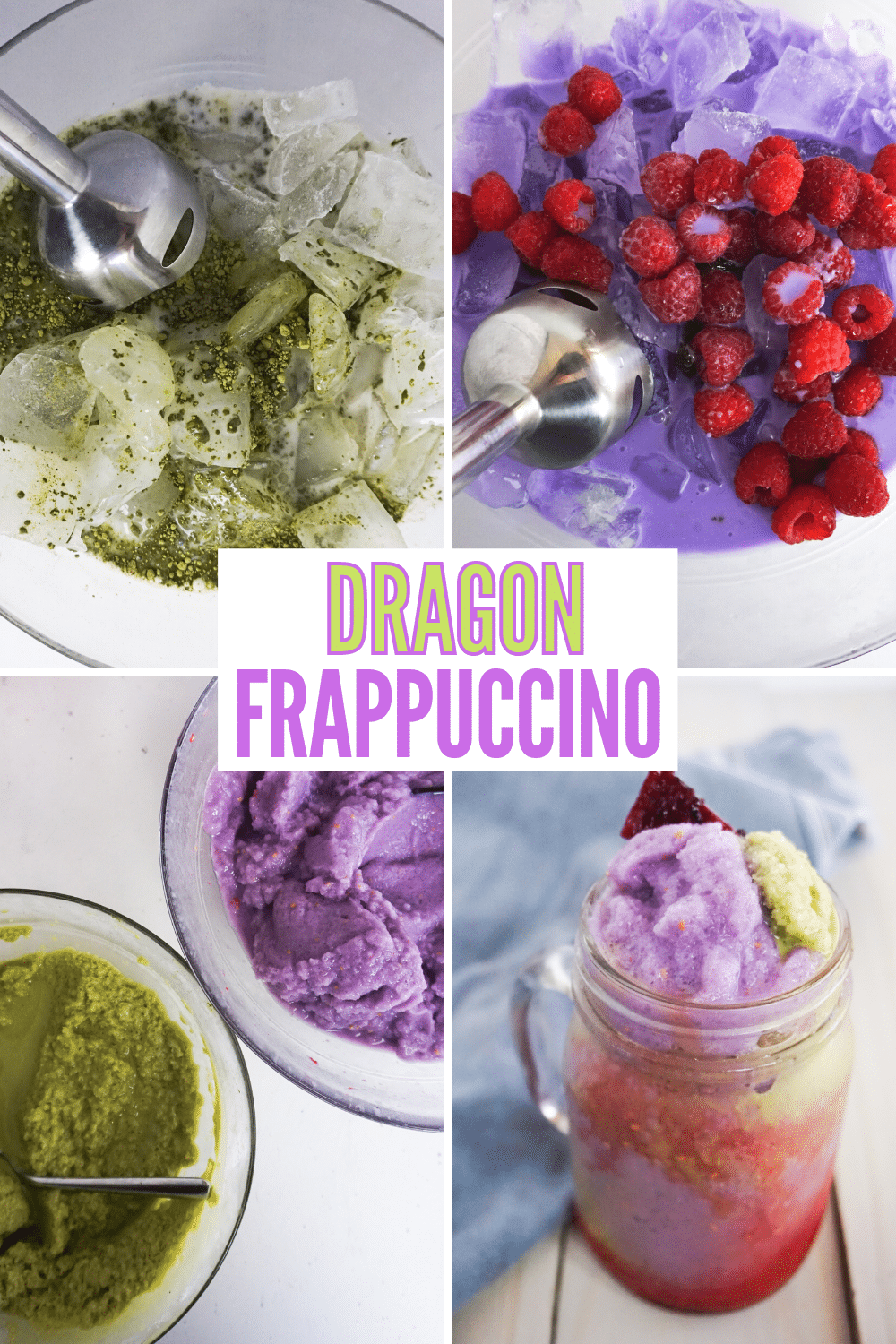 a collage of 4 images showing the steps needed to make a Dragon Frappuccino