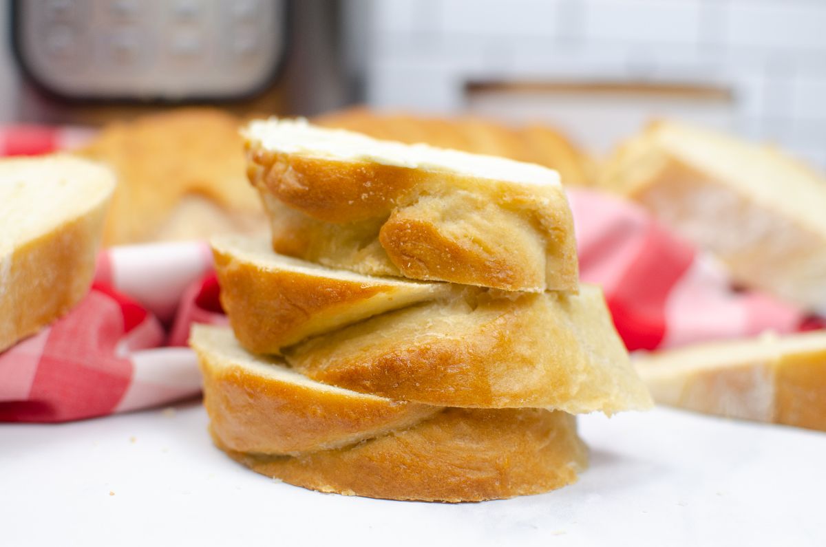A stack of 3 Instant Pot French Bread slices.