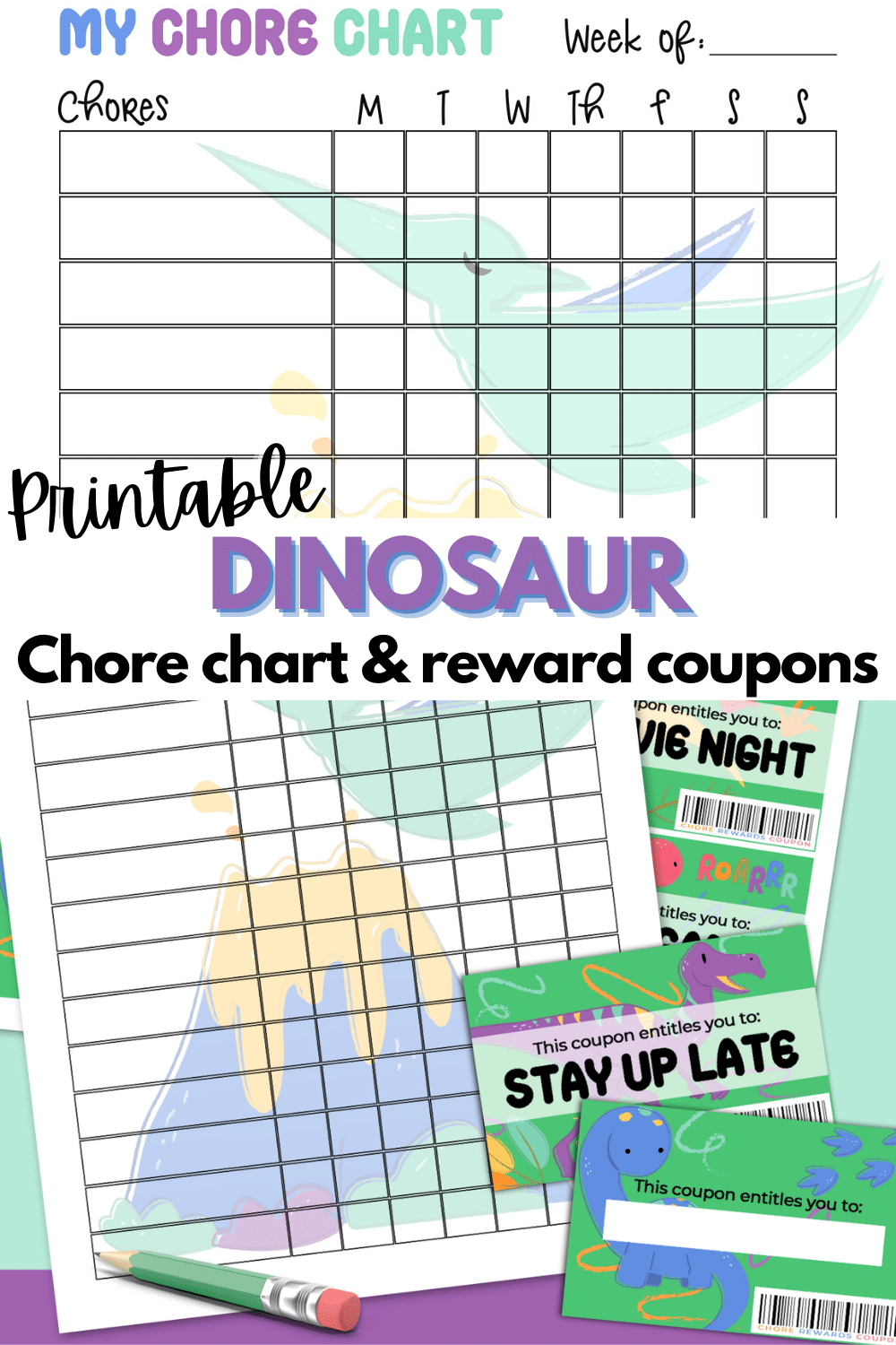 This printable dinosaur chore chart with reward coupons packet is perfect for kids who love dinos. A useful printable to keep kids on track. #printables #dinosaurs #chorechart via @wondermomwannab