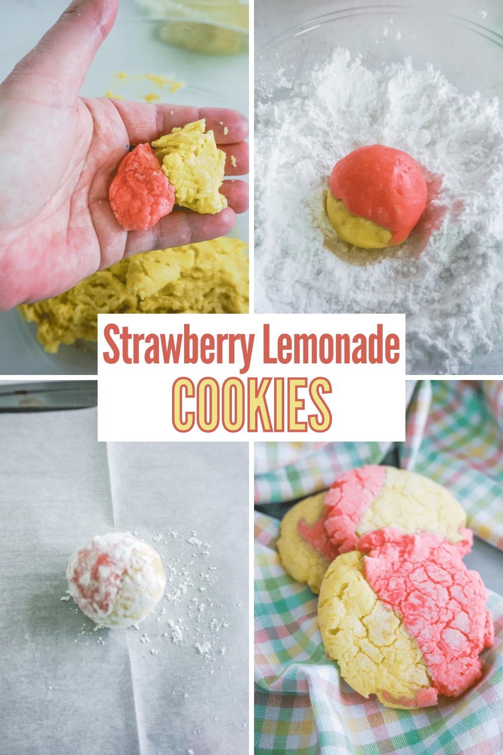 Strawberry Lemonade Crinkle Cookies are the cookies that you need in your life. The two-toned cookies are beautiful to look at! #crinklecookies #cookies #strawberrylemonade #recipe via @wondermomwannab