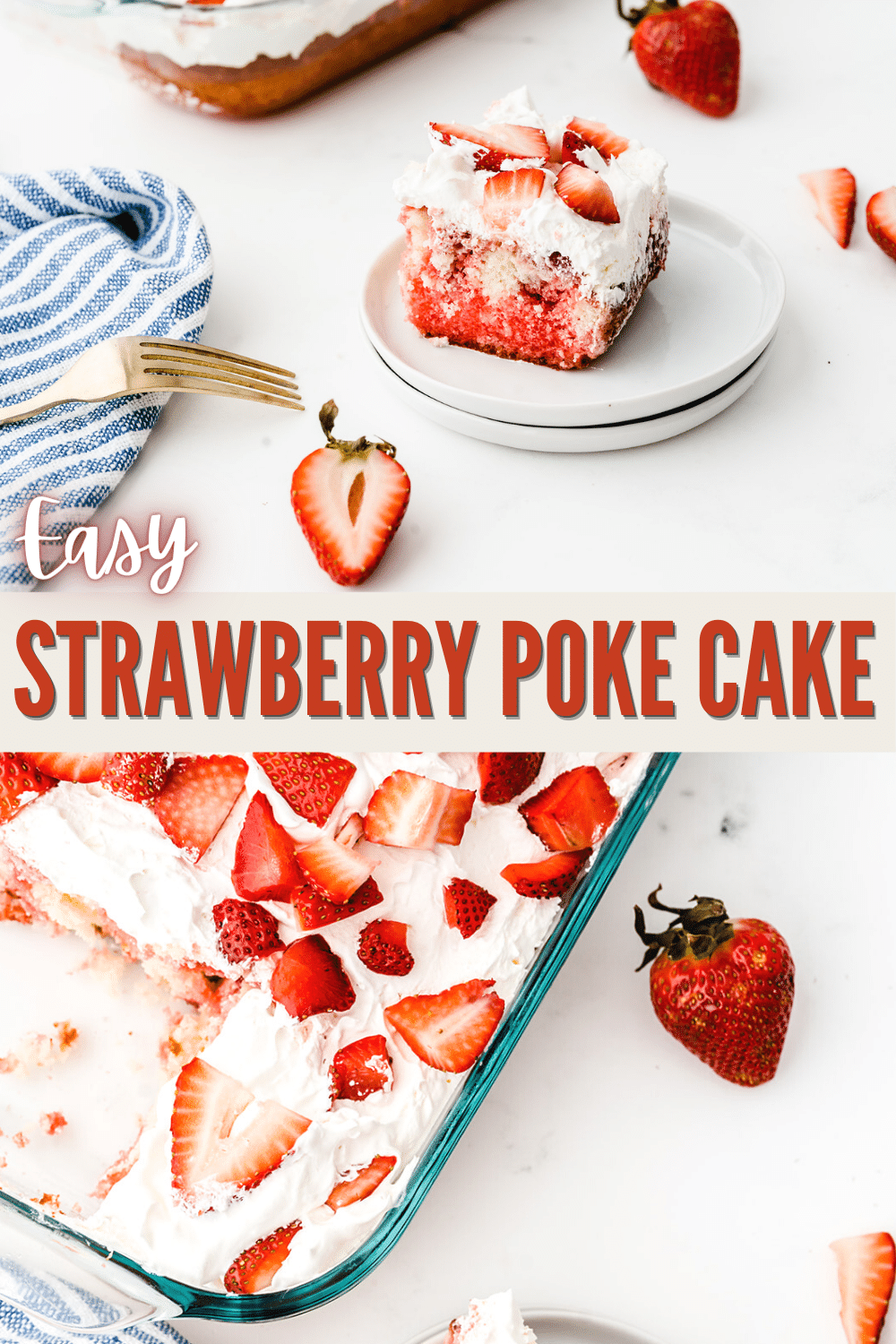 Strawberry poke cake is a perfect dessert for gatherings with family or friends. They will love you even more once they get a bite #cake #dessert #recipe #strawberrypokecake #pokecake via @wondermomwannab