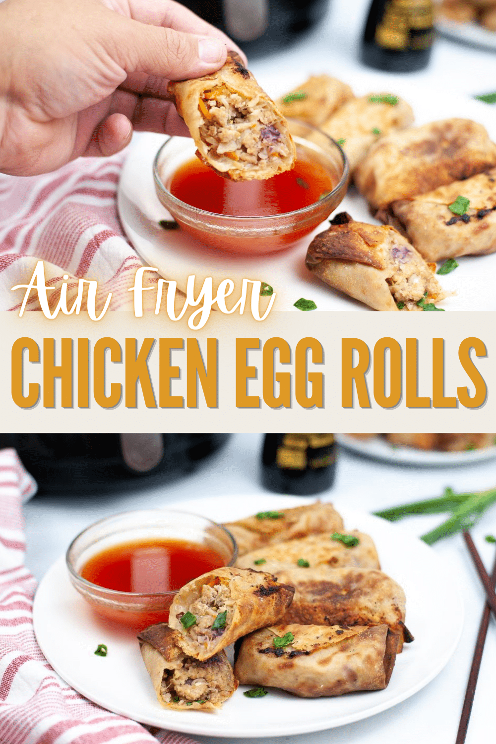 Air Fryer Chicken Egg Rolls are crispy on the outside and filled with chicken and vegetables. They're made quicker than ordering takeout! #airfryer #eggrolls #chicken #chinesefood #recipe via @wondermomwannab