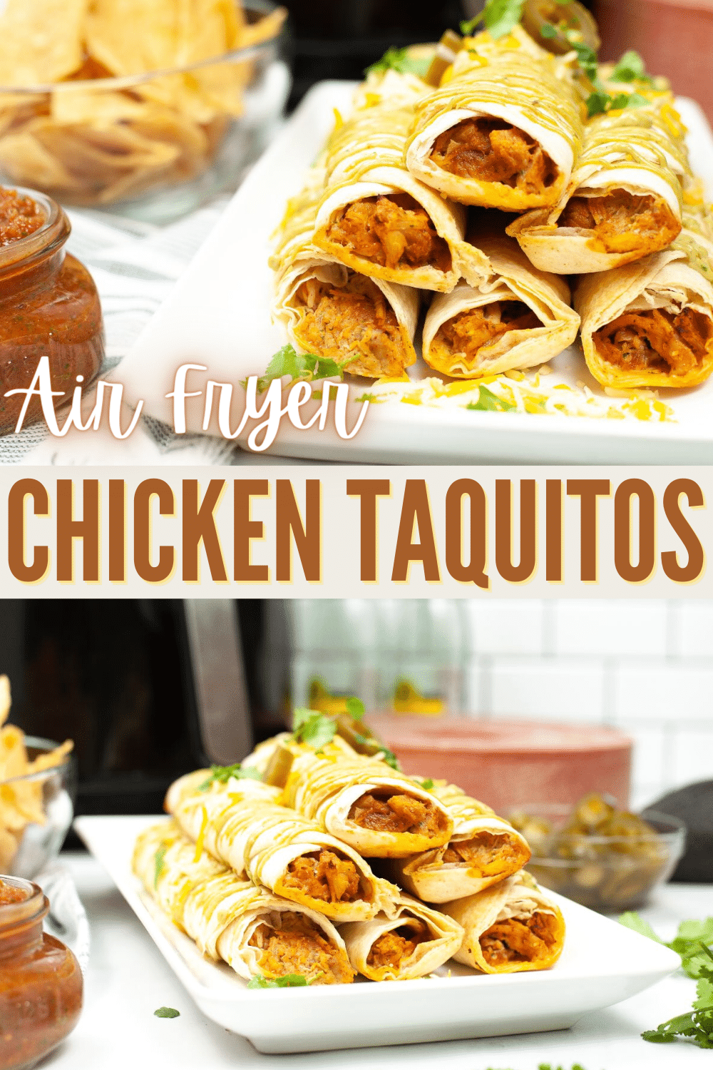 Air Fryer Chicken Taquitos are crispy on the outside and filled with flavorful chicken and then air fried to perfection. Kids love them! #airfryer #chickentaquitos #recipe #taquitos #chicken via @wondermomwannab