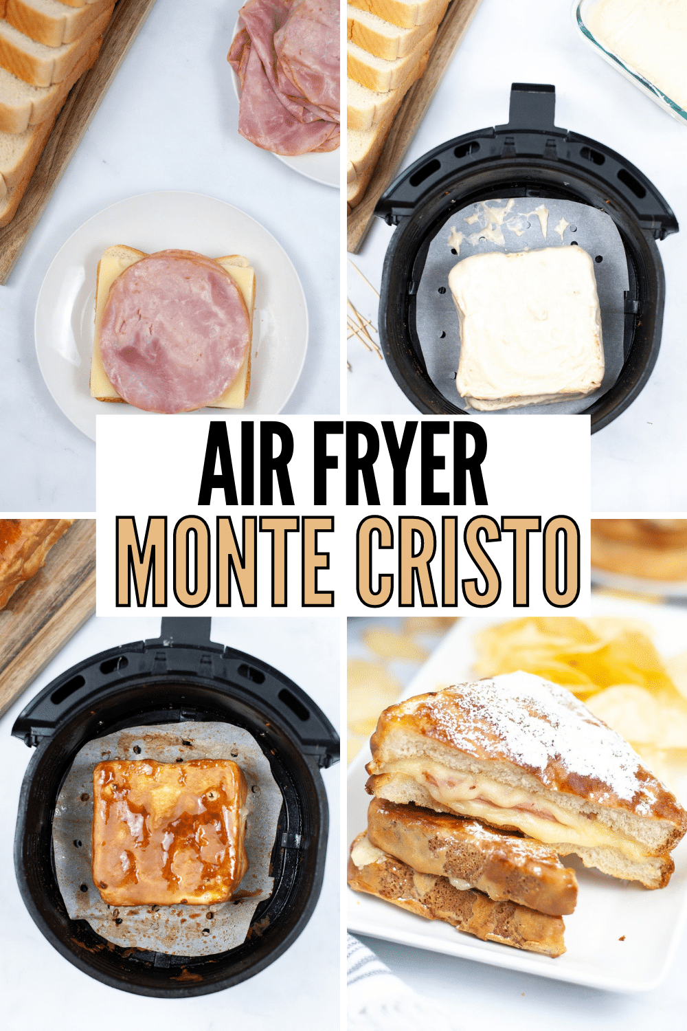 Air Fryer Monte Cristo sandwiches are crispy battered sandwiches filled with ham and melty swiss cheese. This homemade sandwich is delicious! #airfryer #montecristo #sandwich #recipe #hamandcheese via @wondermomwannab