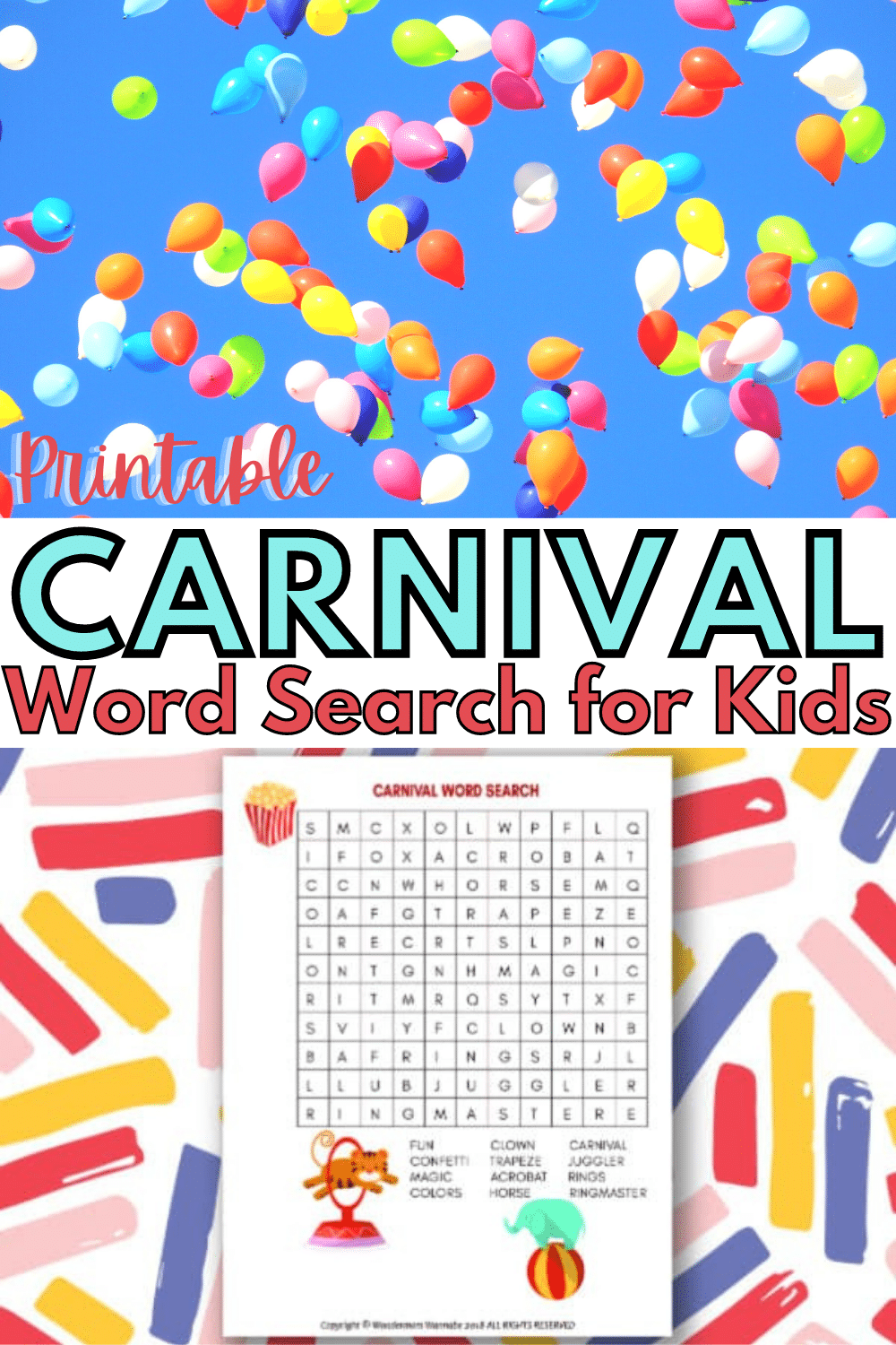A fun carnival word search for kids is the perfect printable kids activity for any carnival themed party, celebration or event you may be throwing. #carnival #wordsearch #printables via @wondermomwannab