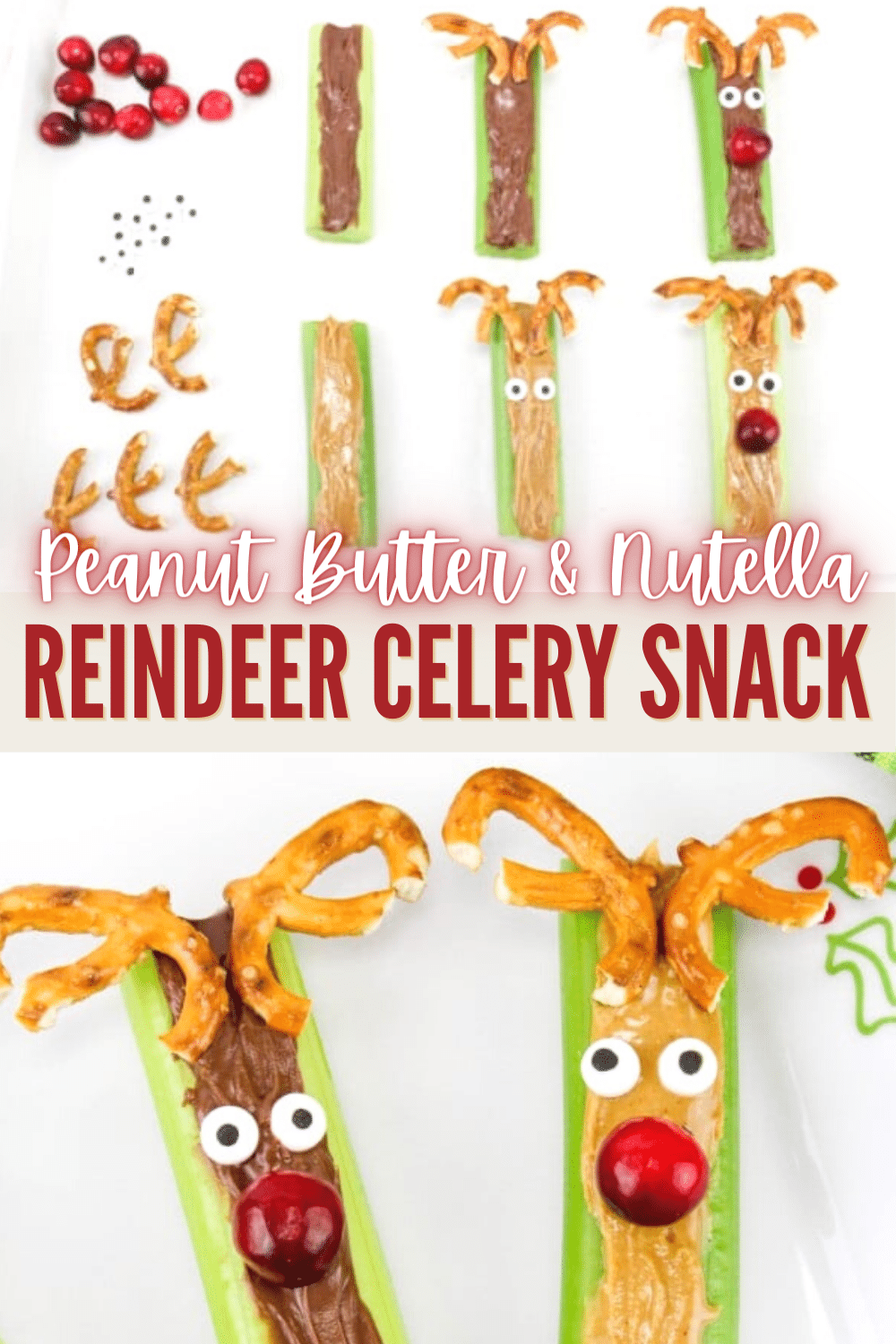 These Celery Reindeer Snacks are so cute and really easy to make. They're the perfect snack for kids during the holiday season. #Christmas #reindeer #funfood #snacks via @wondermomwannab
