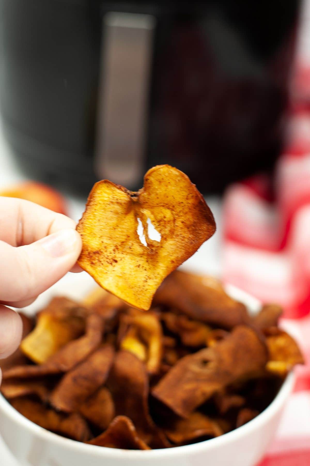 A vertical image of Air Fryer Cinnamon Apple Chips with a chip being picked by hand.