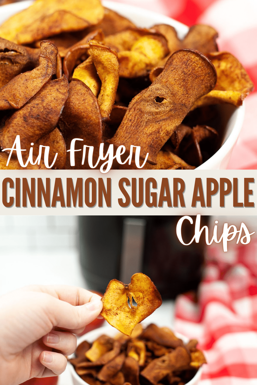 Air Fryer Cinnamon Apple Chips are sweet, crunchy and a great low calorie snack. If you love crunchy healthy chips you will love this recipe. #airfryer #cinnamon #apple #chips #healthysnack via @wondermomwannab