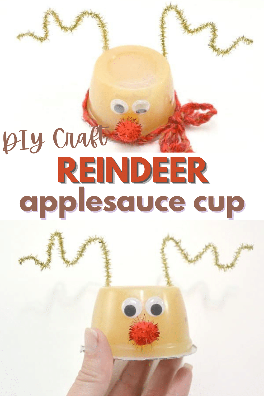 This reindeer applesauce is so cute! What an easy way to turn an ordinary snack into a fun holiday treat! #funfood #Christmas #reindeer #applesauce via @wondermomwannab