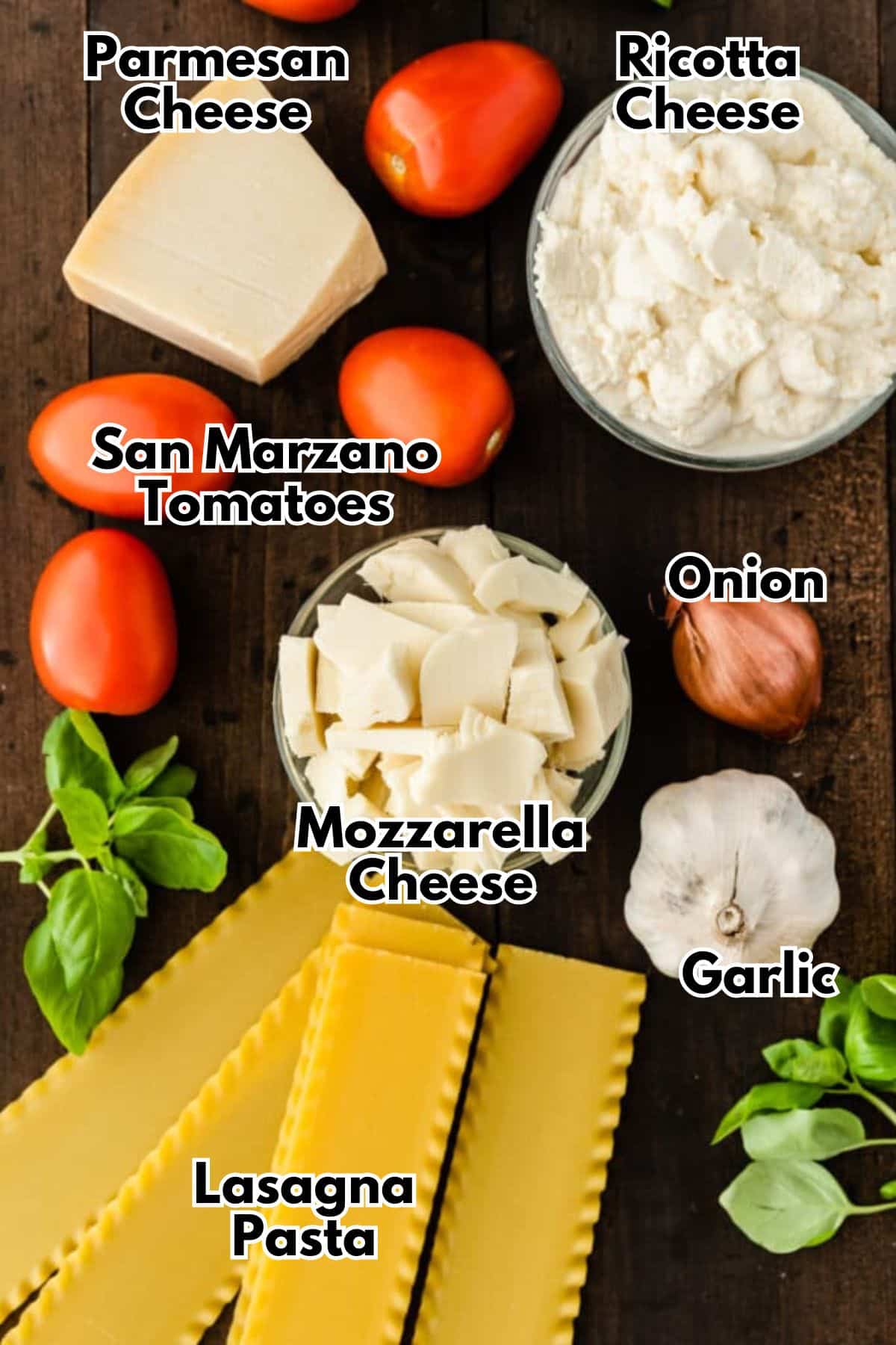 Ingredients for Homemade Lasagna Recipe with Ground Beef.