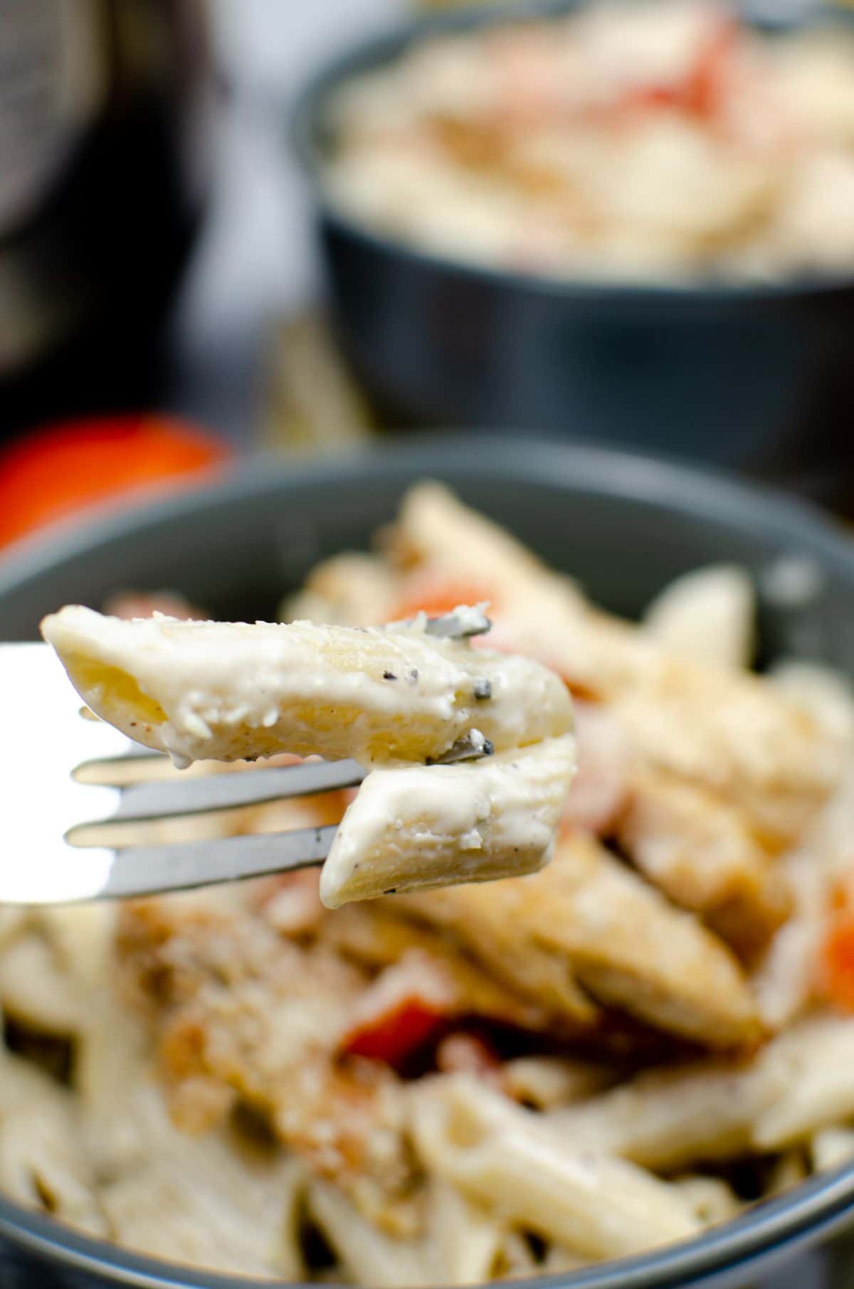 close up of A fork with 2 pieces of the pasta and the rest of the pasta in a bowl blurred in the background.