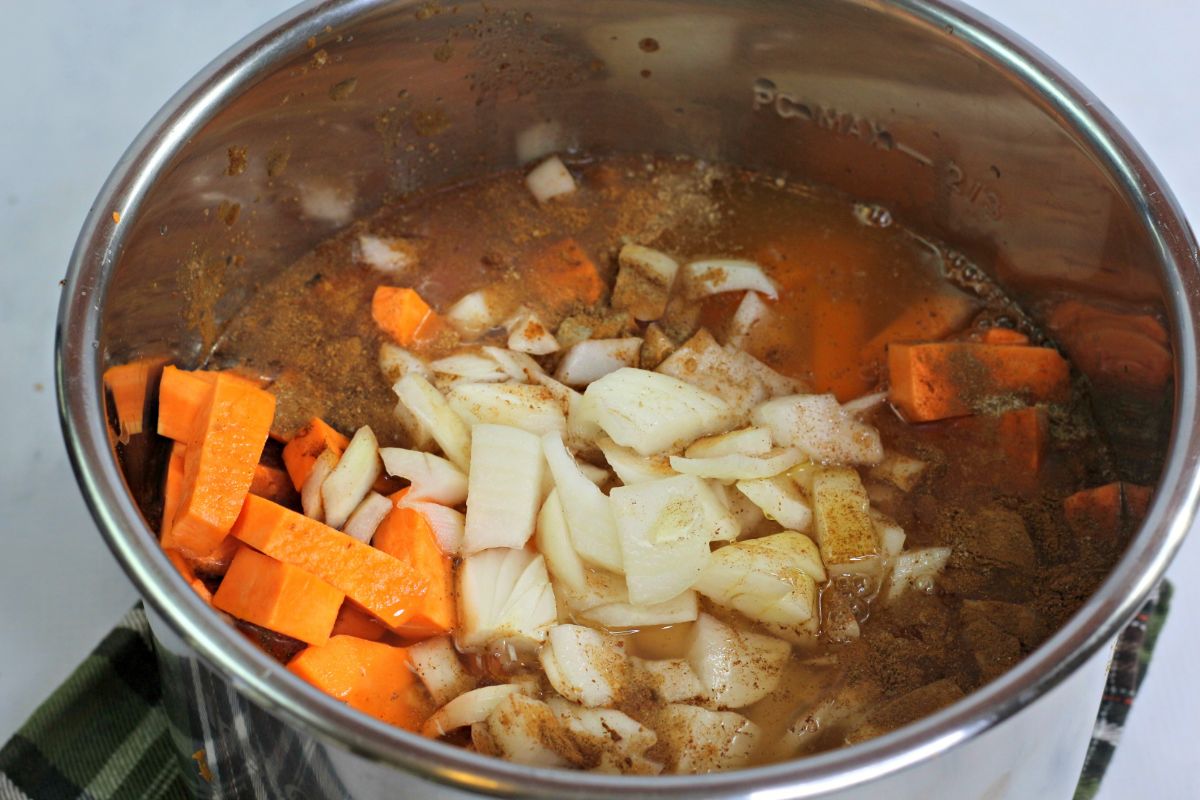 Ingredients of Instant Pot Pumpkin Soup assembled in a pot ready for cooking.
