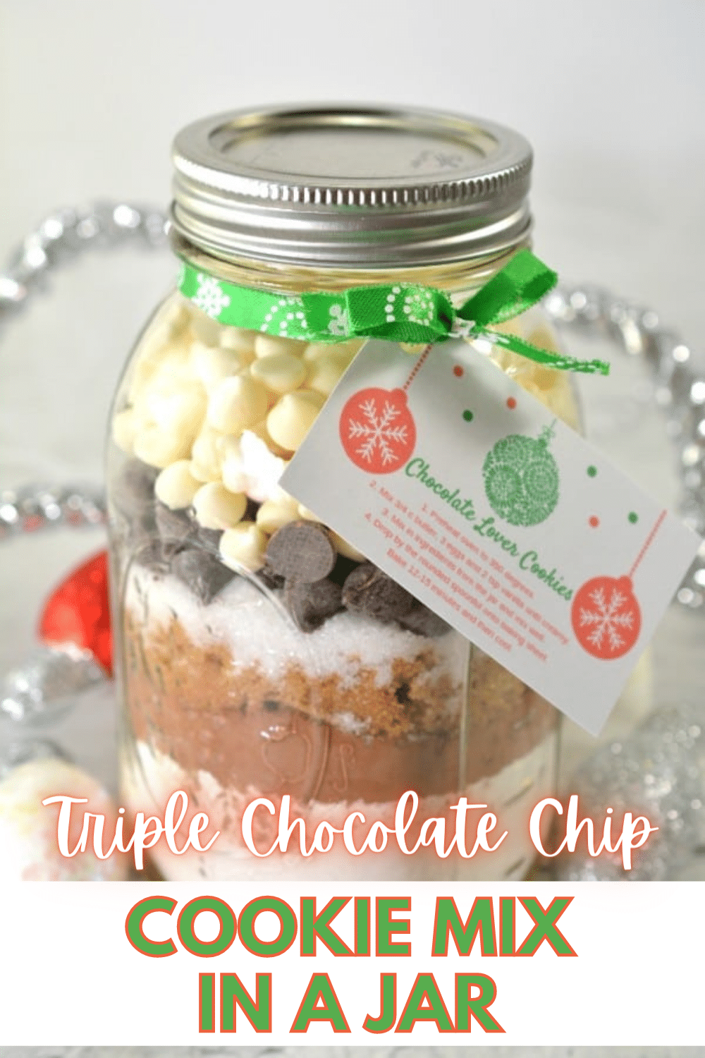 This delicious cookie mix in a jar gift is perfect for chocolate lovers! Comes with free printable tags to attach to the jar with instructions for the recipient to turn the mix into delicious triple chocolate cookies. #giftinajar #chocolate #cookies via @wondermomwannab
