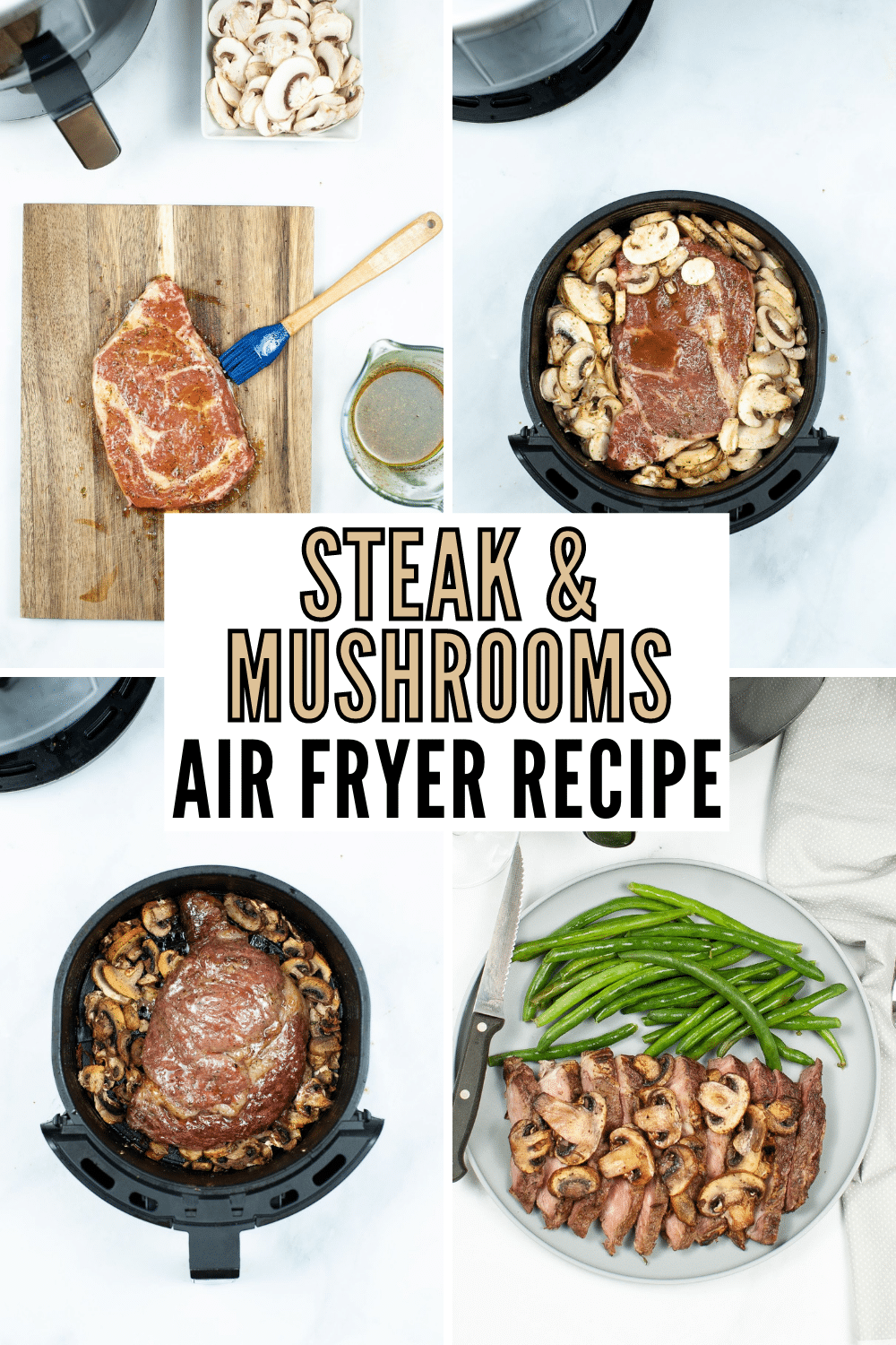 Air Fryer Steak and Mushrooms are tender and flavorful but also easy to make. It's a great weeknight dinner and is ready in under 30 minutes. #airfryer #steakandmushrooms #steak #mushrooms #recipe via @wondermomwannab