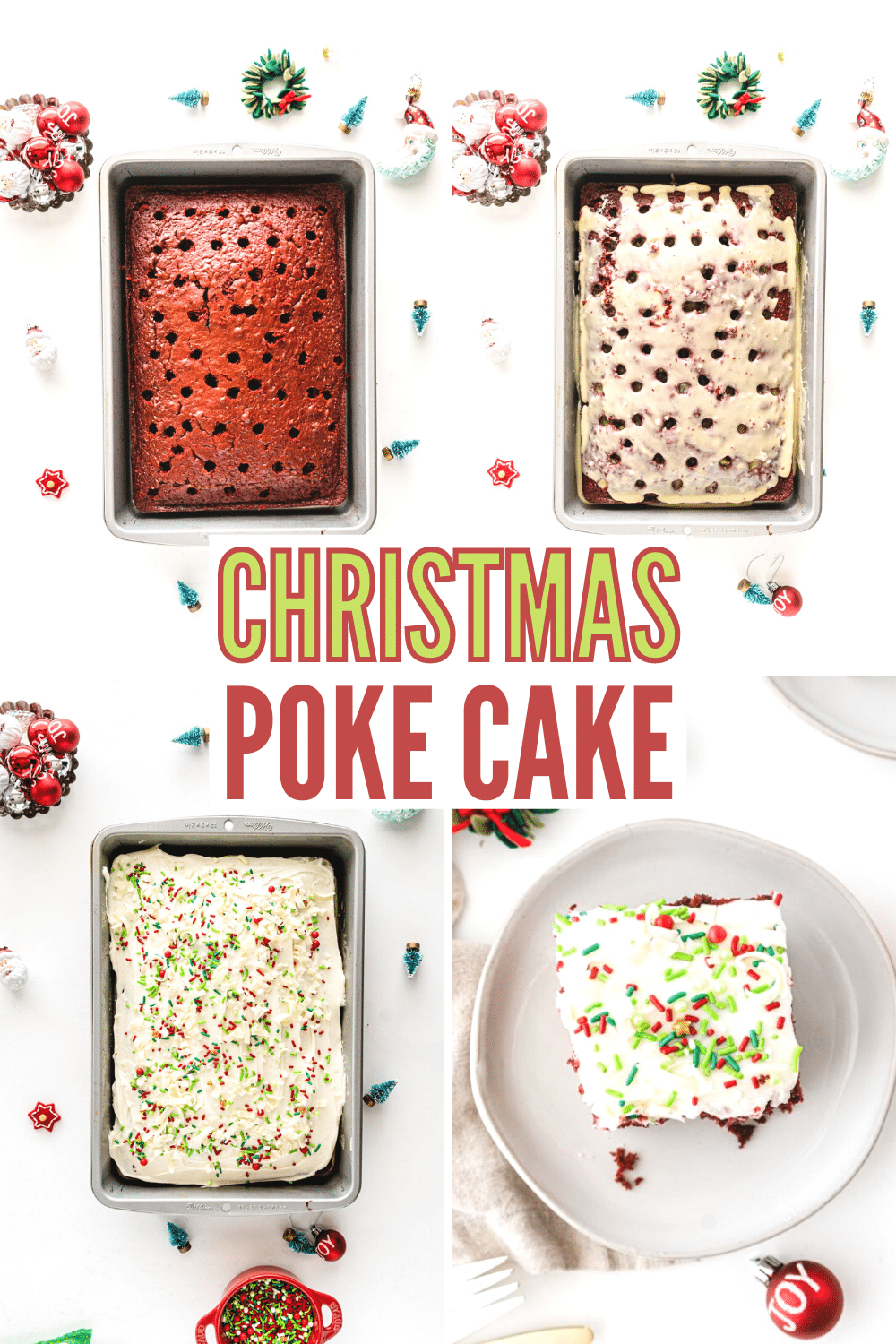 Christmas Poke Cake is so easy to make and makes for a festive dessert. If you love easy Christmas recipes then this is the recipe for you. #christmas #pokecake #cake #dessert #recipe via @wondermomwannab