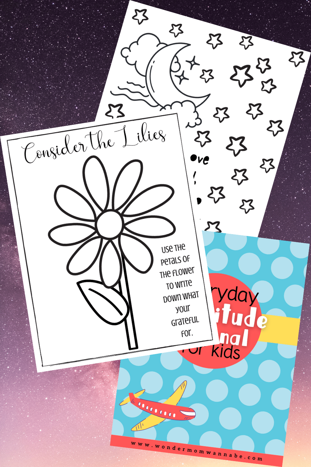 printable cover page of the everyday Gratitude Journal for Kids and a printable flower page and moon and star page