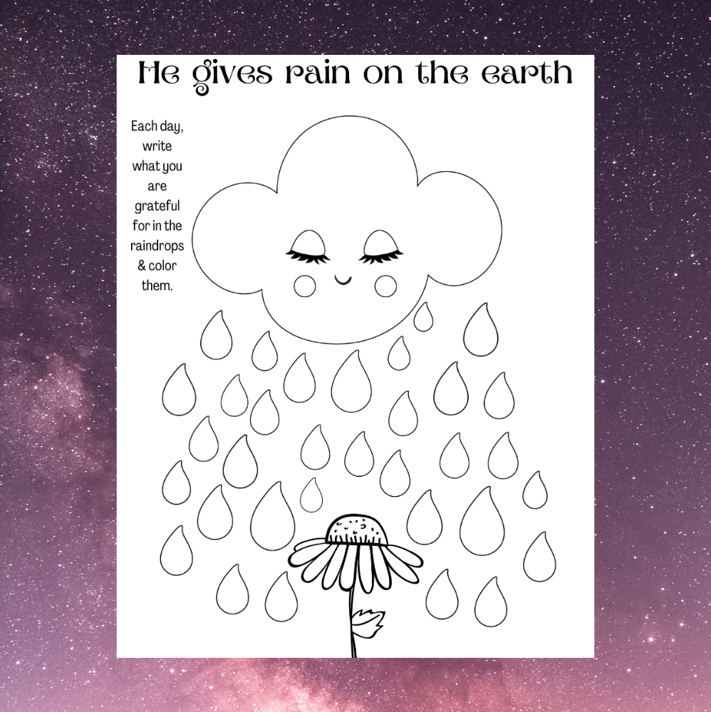printable page with rain coming from a cloud with text reading He gives rain on the earth