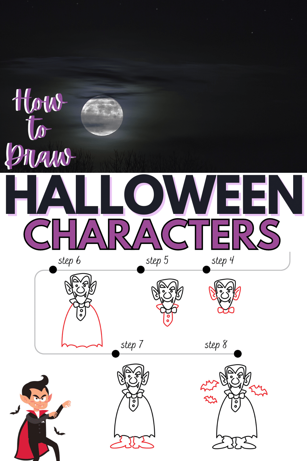 The kids are going to love to learn how to draw a vampire! This fun Halloween activity will get them geared up and excited for the big day! #howtodraw #vampire #halloween #freeprintable #forkids via @wondermomwannab