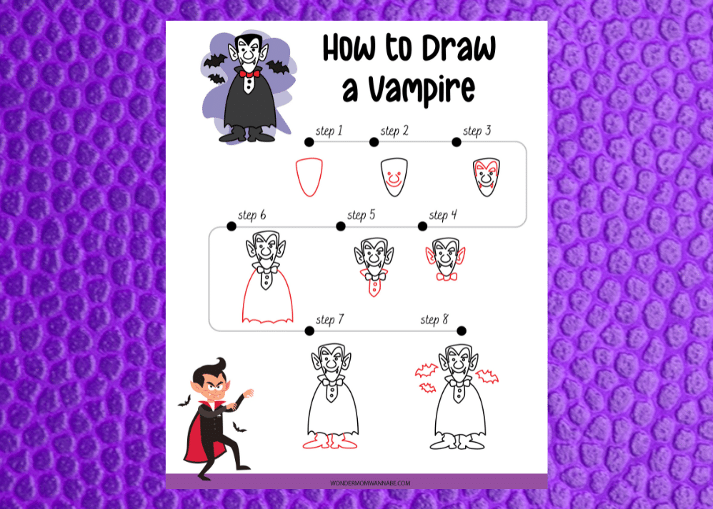 printable showing how to draw a vampire on a purple background