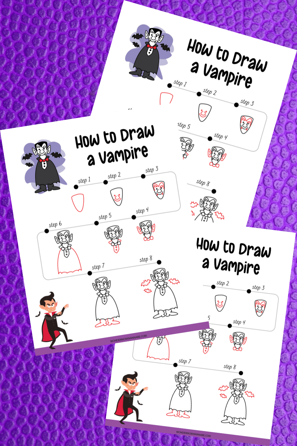 three printables showing how to draw a vampire on a purple background