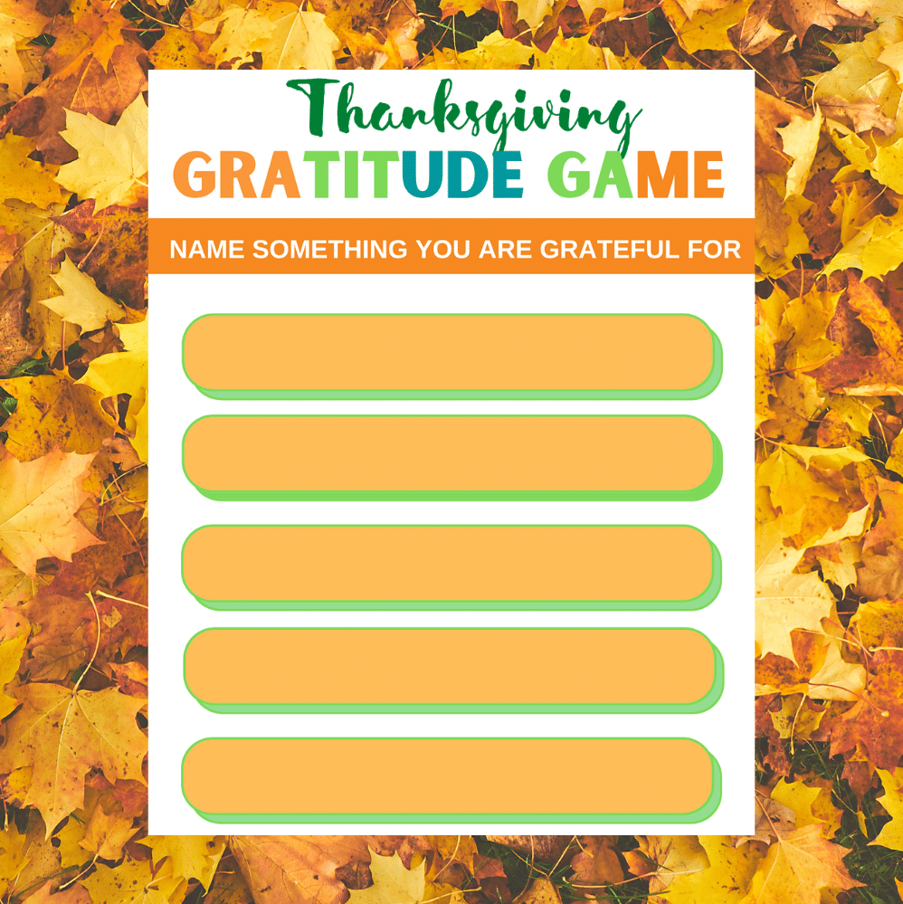 printable Thanksgiving Gratitude Game with yellow leaves in the background