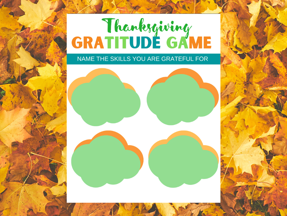 printable Thanksgiving Gratitude Game with yellow leaves in the background