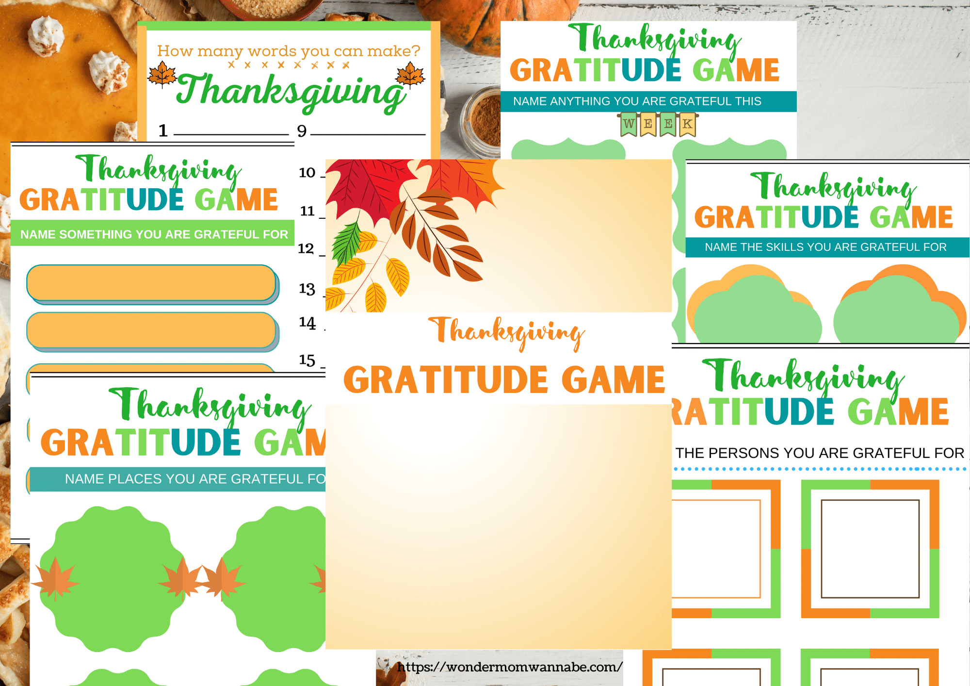 several printable Thanksgiving Gratitude Activities with pumpkin pie in the background