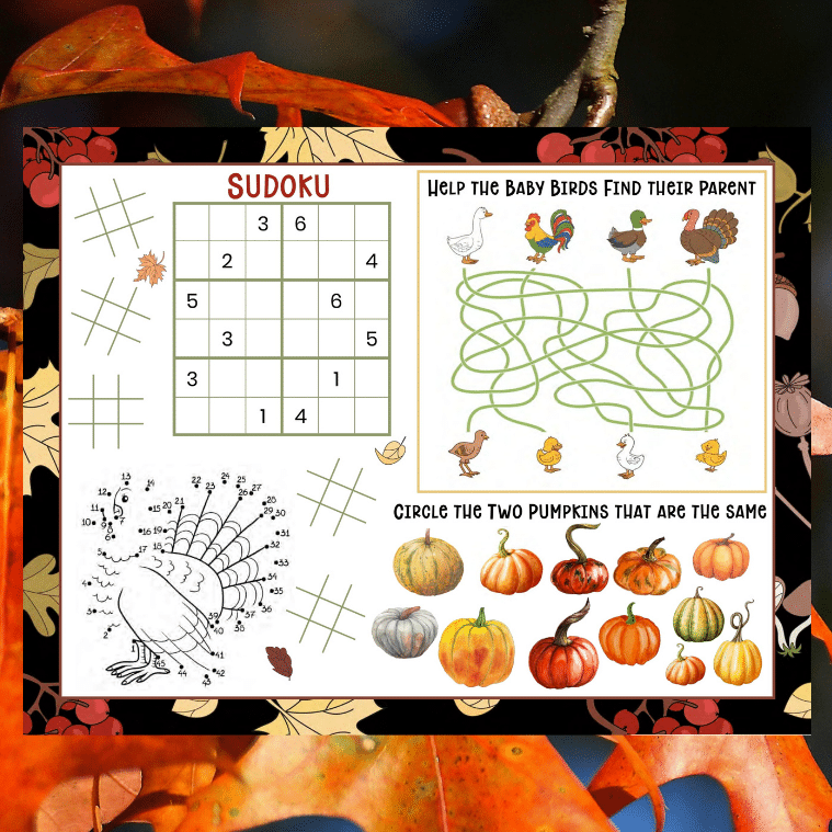 Thanksgiving printable placemat with leaves in the background