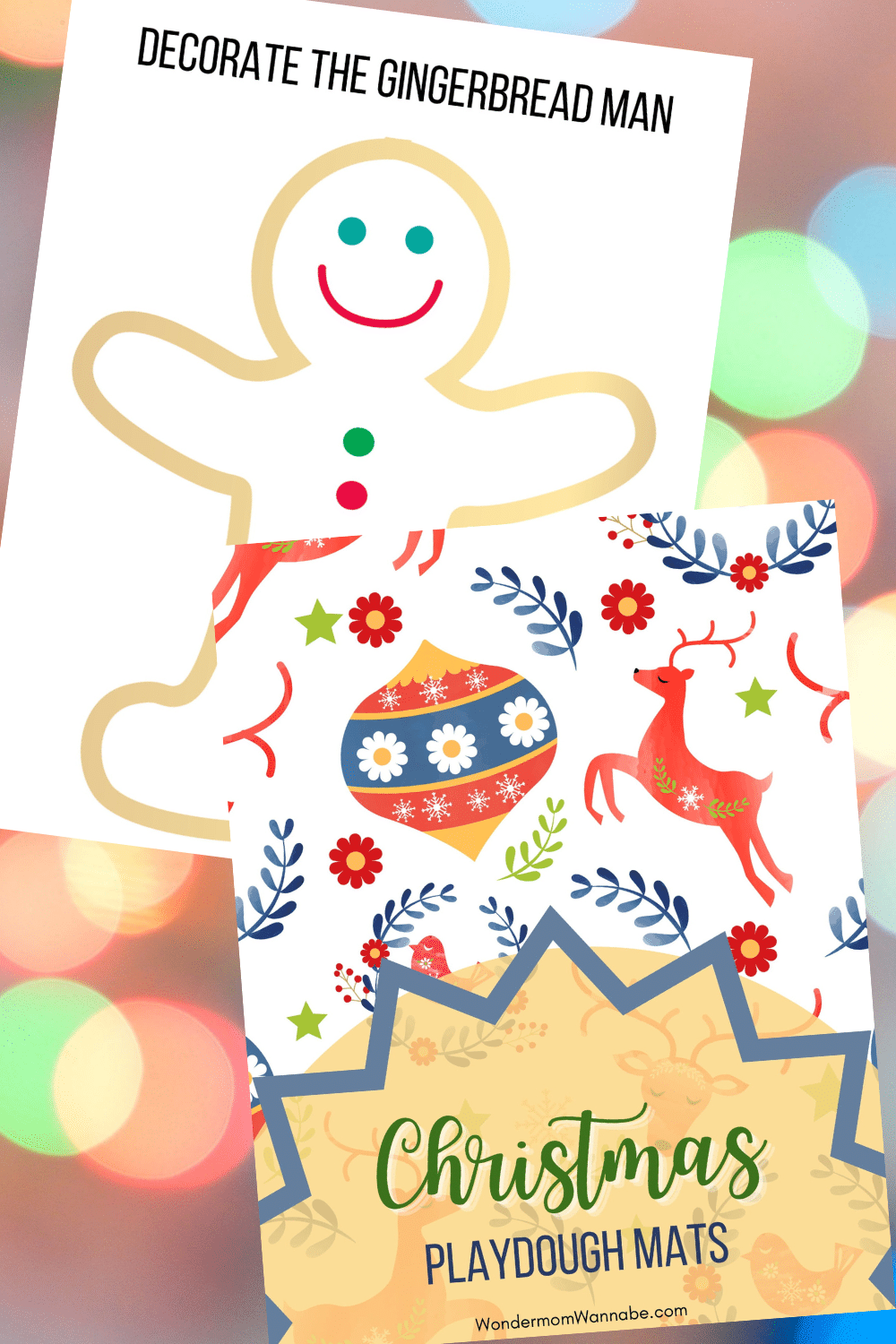 2 printables with colored lights in the background. 1 printable is titled decorate the gingerbread man. The other printable is the cover page titled Christmas Playdough Mats