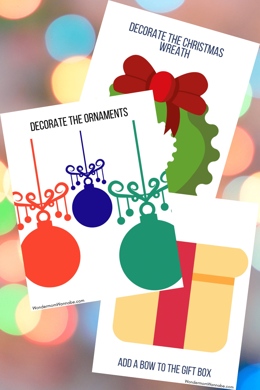3 printable playdough mats titled decorate the ornaments, decorate the Christmas wreath and add a bow to the gift box, on a background with colored lights